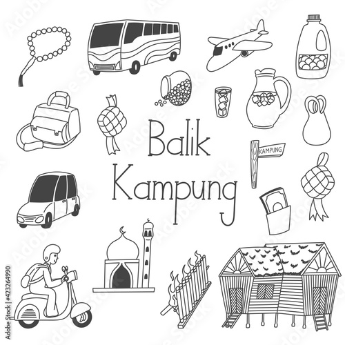 Balik kampung meaning Malaysia culture for holiday, ramadan and eid mubarak, doodles
