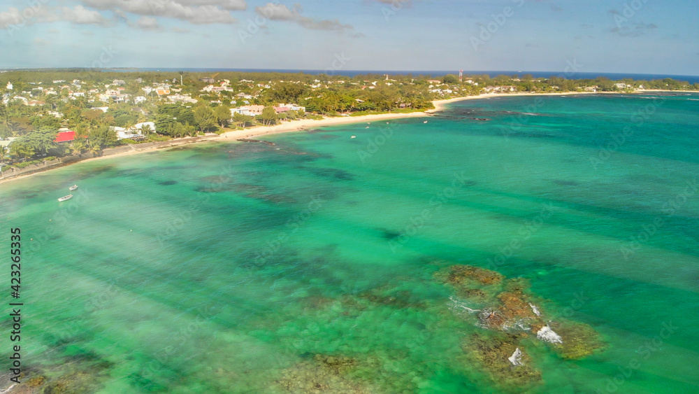 Aerial view of Mont Choisy coastline from drone, Mauritius