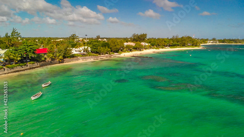 Aerial view of Mont Choisy coastline from drone, Mauritius photo