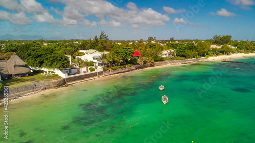 Aerial view of Mont Choisy coastline from drone, Mauritius photo