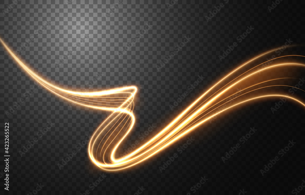 Abstract light speed motion effect, gold light trail. Vector Illustration