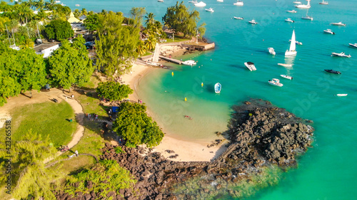 Aerial view of Grand Baie coastline from drone, Mauritius