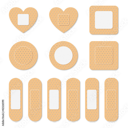 Adhesive bandage elastic medical plasters set isolated. Art design medical elastic patch. Abstract concept graphic different shape element.