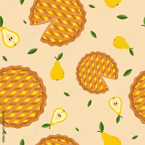 Hand drawn decorative vector Seamless pattern of peach pie. Wallpaper, print, modern textile design, wrapping paper