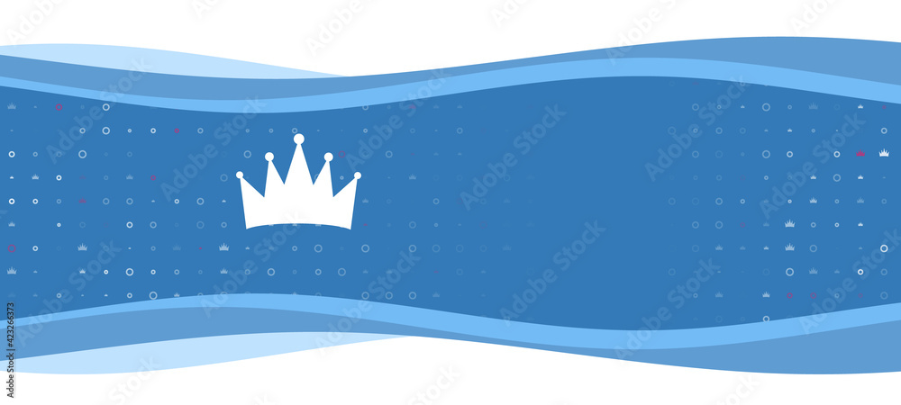 Blue wavy banner with a white crown symbol on the left. On the background there are small white shapes, some are highlighted in red. There is an empty space for text on the right side