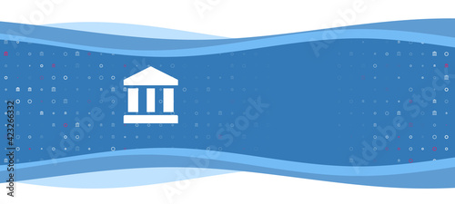Blue wavy banner with a white bank symbol on the left. On the background there are small white shapes, some are highlighted in red. There is an empty space for text on the right side
