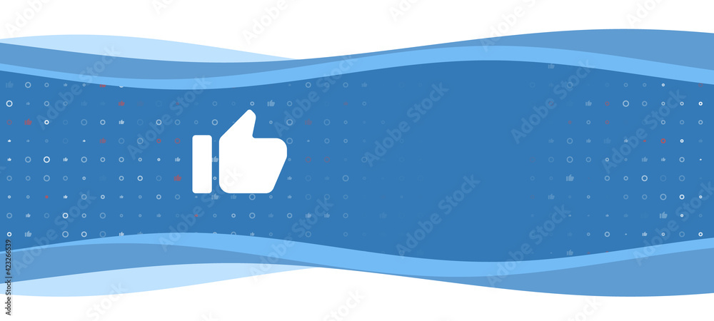 Blue wavy banner with a white thumb up symbol on the left. On the background there are small white shapes, some are highlighted in red. There is an empty space for text on the right side Blue wavy banner with a white thumb up symbol on the left. On the background there are small white shapes, some are highlighted in red. There is an empty space for text on the right side