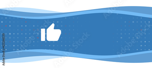Blue wavy banner with a white thumb up symbol on the left. On the background there are small white shapes, some are highlighted in red. There is an empty space for text on the right side