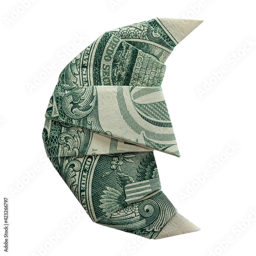 Money Origami Crescent Half MOON Folded with Real One Dollar Bill Isolated on White Background