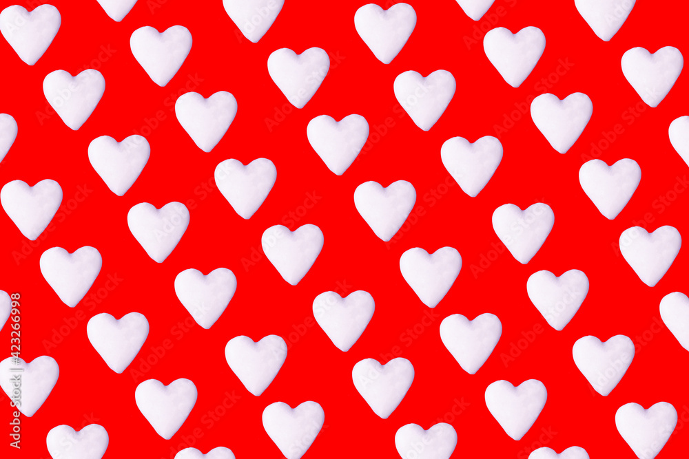Colorful red background with white hearts pattern. Minimal love art design.