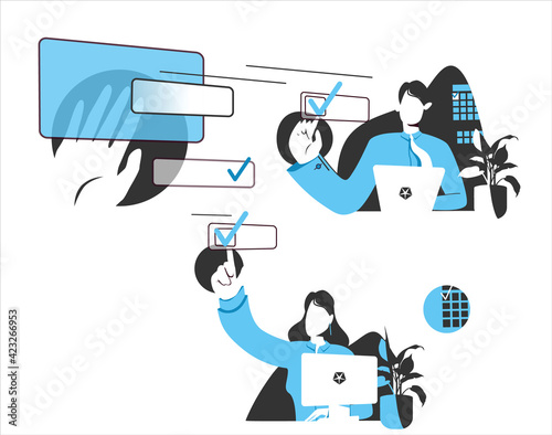 Office workers man and woman choose tasks, mark completed. The concept of task distribution, delegation, labeling, checking, electronic management. Vector illustration isolated on white background