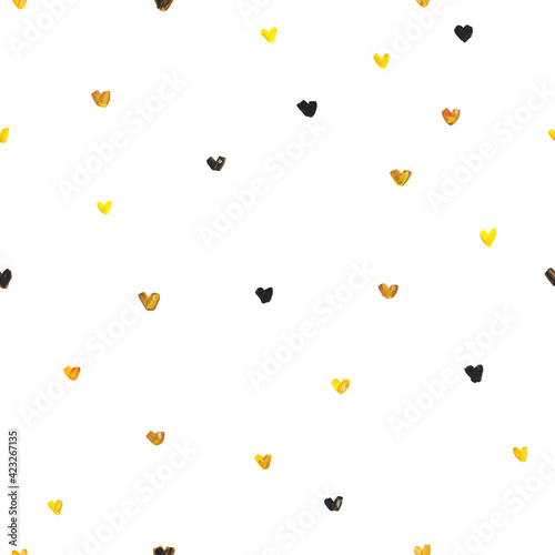 Small yellow and black hearts are isolated on a white background. Seamless pattern for design. Watercolor lovely drawing. Handwork. Сhild illustration.