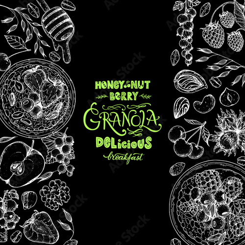 Granola sketch illustration. Oat flakes , berries, fruits and nuts. Breakfast top view frame. Morning food menu design. Hand drawn vector illustration.