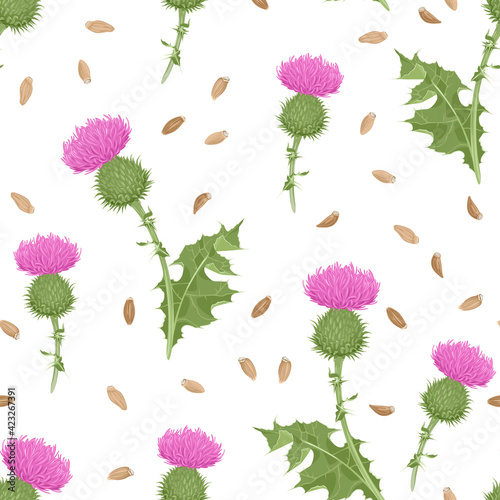 Milk thistle flowering plant and seeds seamless pattern. Botanical background. Vector illustration of medical herb in cartoon flat style.