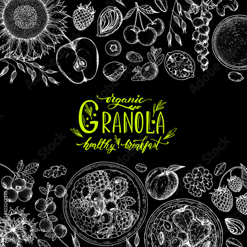 Granola ingredients illustration. Oat flakes , berries, fruits and nuts hand drawn sketch. Breakfast top view frame. Morning food menu design. Hand drawn vector illustration.