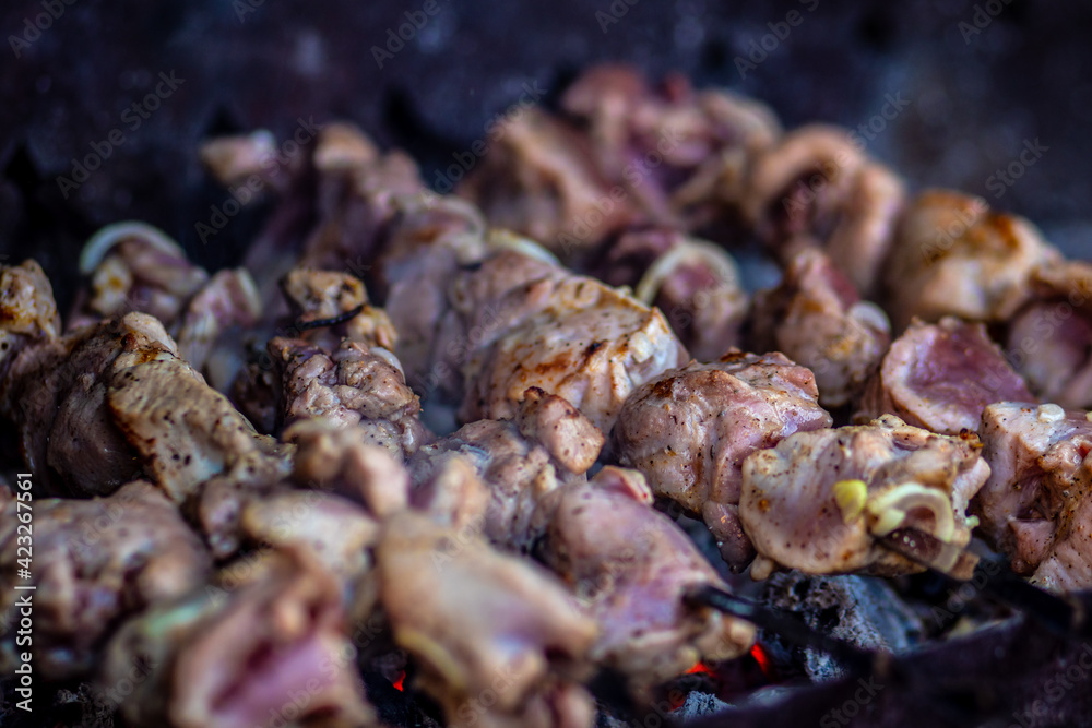 Fresh shish kebab on skewers is fried on the grill. Grilled meat on skewers. Fresh shish kebab on skewers is fried on the grill. Grilled meat on skewers.