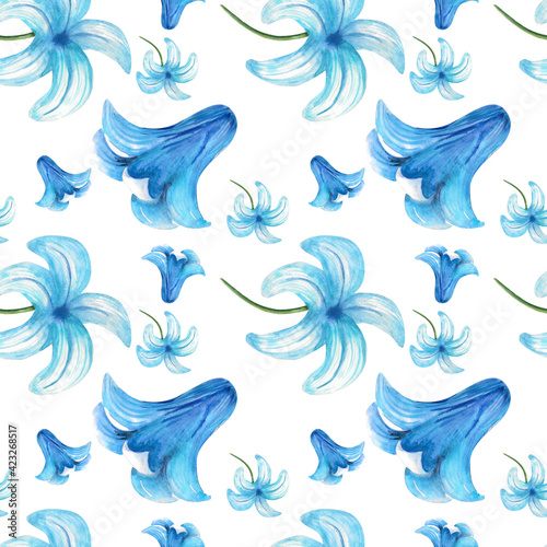 Fototapeta Naklejka Na Ścianę i Meble -  Watercolor illustration. Seamless pattern on a white background from hyacinths with a blue flowers. Blooming blue hyacinths in a seamless design for paper, textile, background