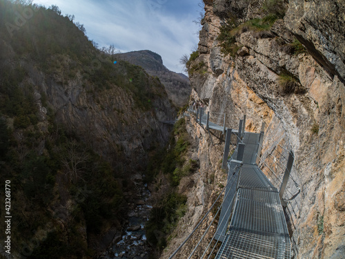 population panticosa, huesca, country spain inauguration of the footbridges in the town of panticosa on the river caldares photo