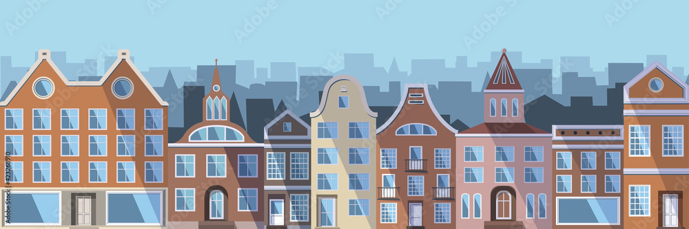 European city - colored old houses, shops and factories in the traditional Dutch town style. Vector illustration in a flat style is suitable as a banner, postcard or template.
