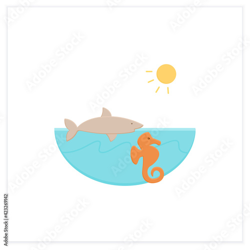 Marine flat icon. Made up of the saltwater oceans. Living place for shark, seahorse etc. Underwater world. Seascape. Biodiversity concept. 3d vector illustration