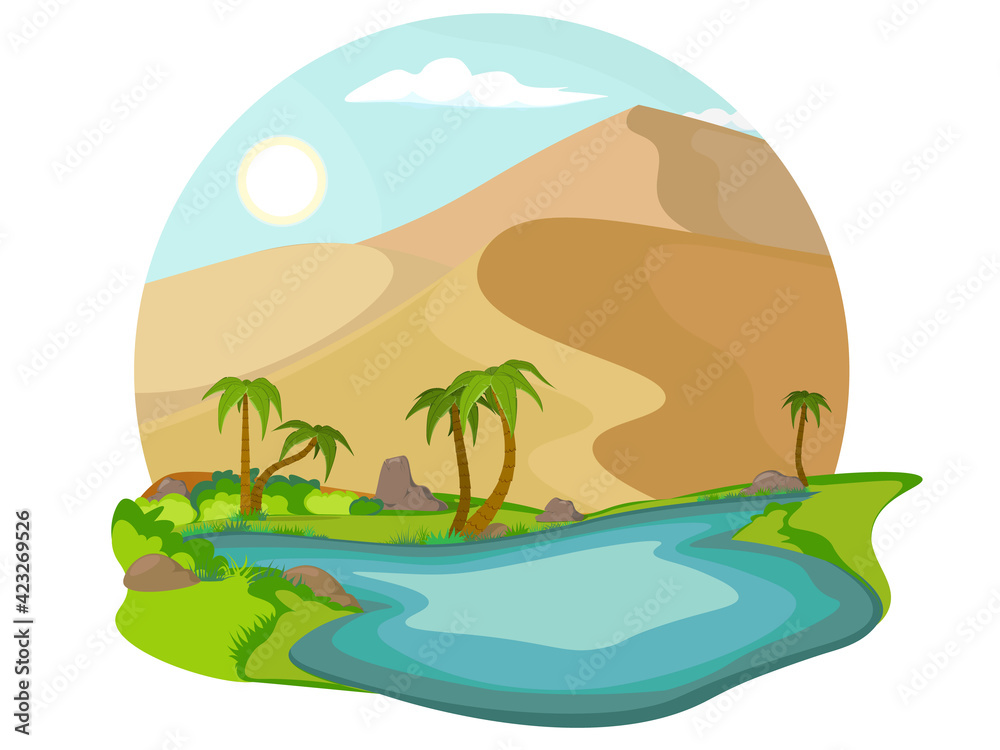 Sahara Desert. Sandy landscape with blue lake and palm tree. Oasis in the desert.