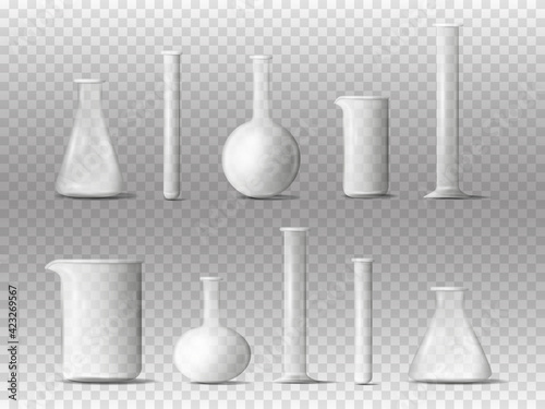 Laboratory equipment. 3D realistic chemistry lab measuring glassware. Laboratory Transparent Chemical Lab Glassware Beakers And Flasks.