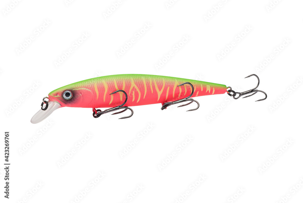 Wobbler with hooks for fishing as bait for fish, which is used for spinning. Fishing tackle for a fisherman. Wobbler with hooks for fishing as bait for fish, which is used for spinning. Fishing tackle for a fisherman.