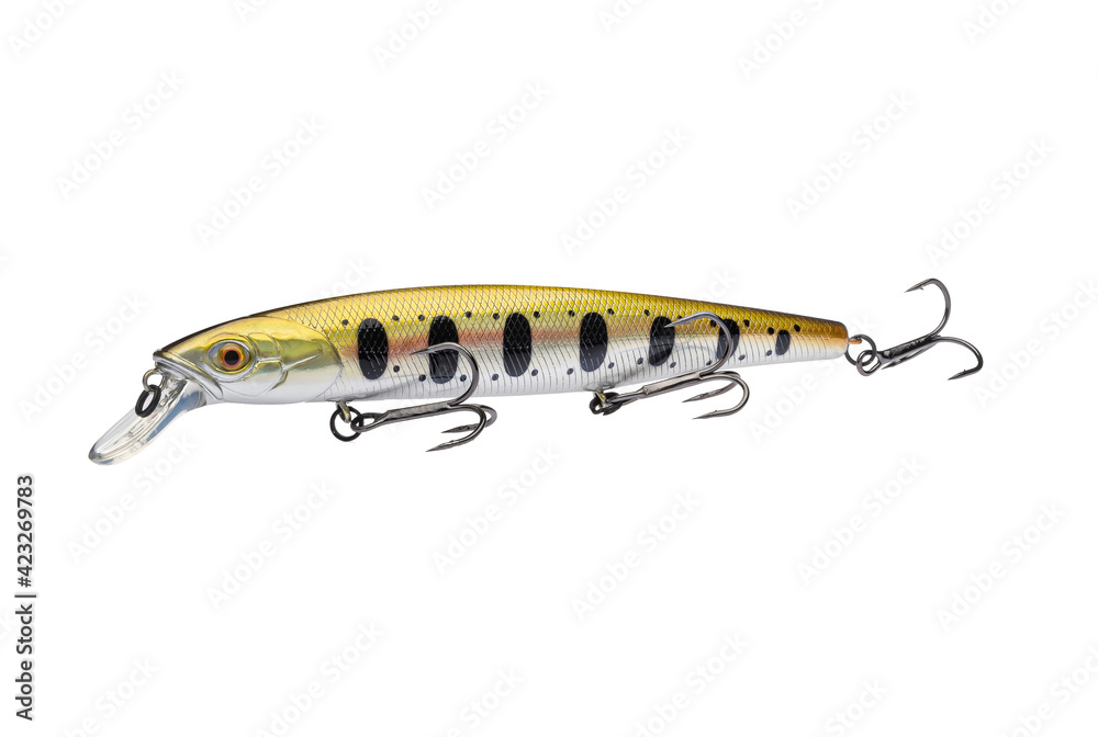 Wobbler with hooks for fishing as bait for fish, which is used for spinning. Fishing tackle for a fisherman. Wobbler with hooks for fishing as bait for fish, which is used for spinning. Fishing tackle for a fisherman.