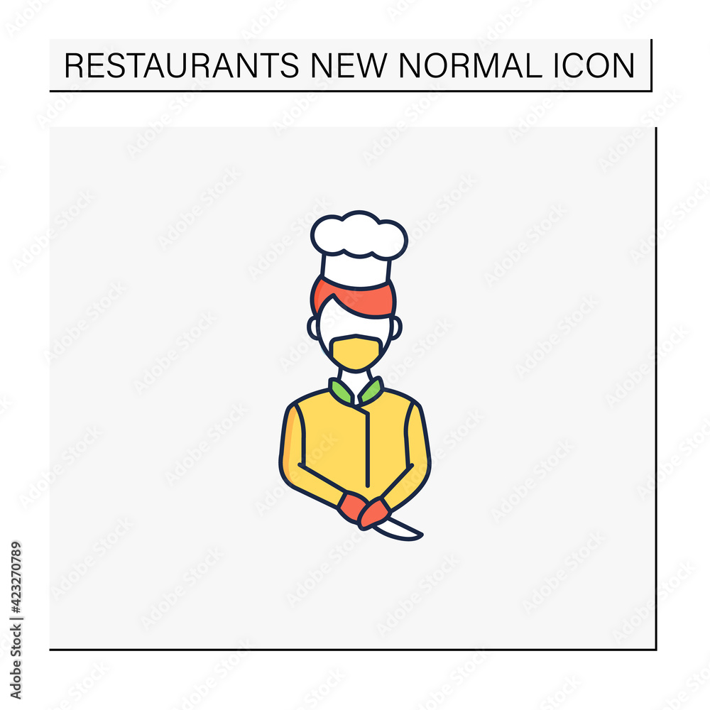 Worker uniform color icon. Kitchen stuff making food in face mask and gloves.Regulation through covid19. Restaurants new normal concept. Isolated vector illustration