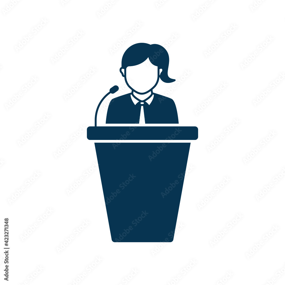 Woman speaks from podium tribune. Public speaking icon concept isolated on white background. Vector illustration Woman speaks from podium tribune. Public speaking icon concept isolated on white background. Vector illustration