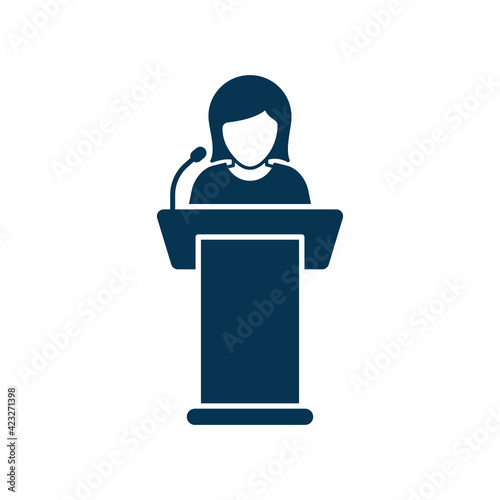 Woman speaks from podium tribune. Public speaking icon concept isolated on white background. Vector illustration