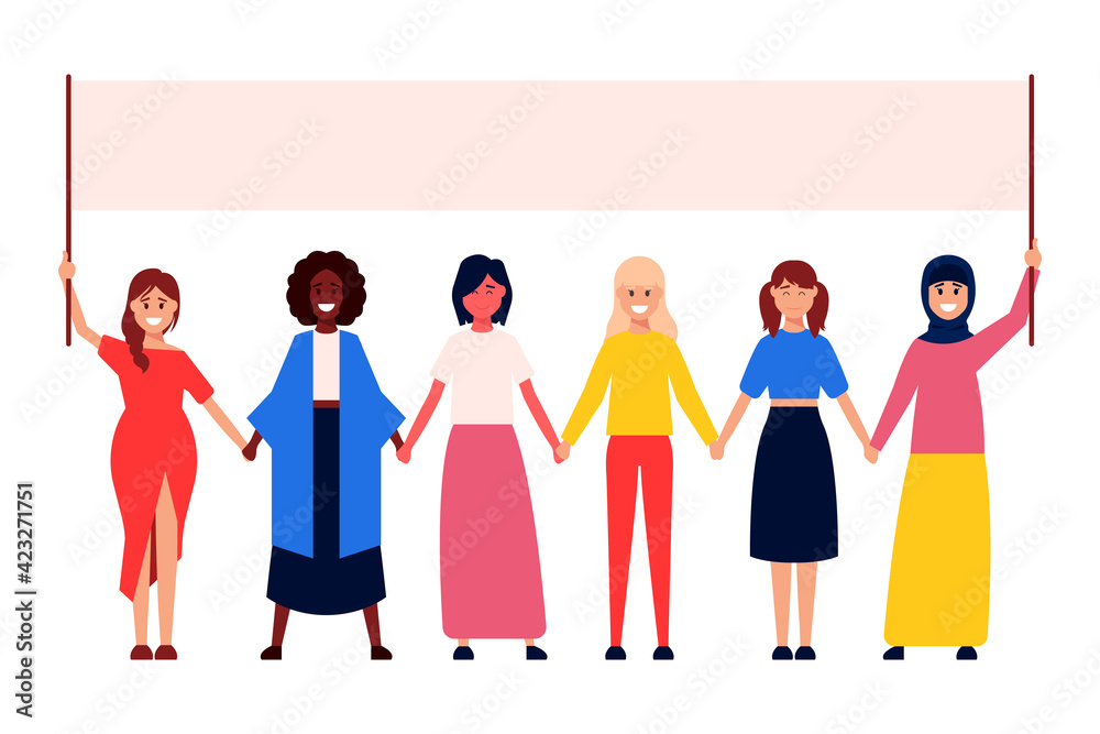 Diverse international and interracial group of standing women. For girls power concept, femininity and feminism ideas, women s empowerment, and role card design