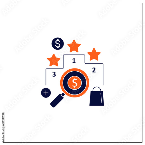 Rating glyph icon. Evaluate important things. Find perfect products. Estimates.Thoughtful spending money. Mindful spending concept.Filled flat sign. Isolated silhouette vector illustration