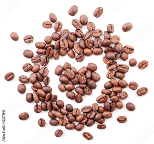 Heart shaped coffee grains on white background, isolated. The view from top