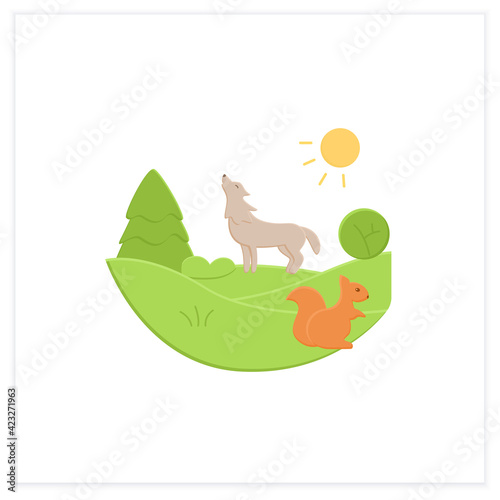 Temperate forest flat icon.Forest found between tropical,boreal regions,located in temperate zone. Living place for different animals.Biodiversity concept. 3d vector illustration
