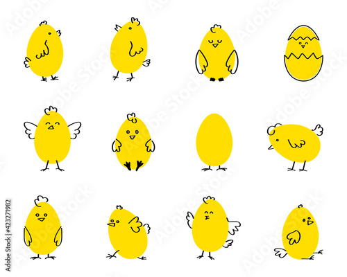 Cute cartoon chicken set. Funny yellow chickens in different poses, vector illustration