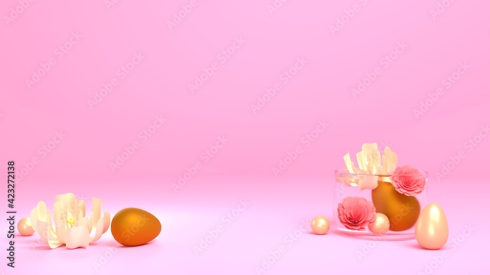 Easter poster. Composition of a flowers, easter eggs, a combination of gold, pearls. 3D render.