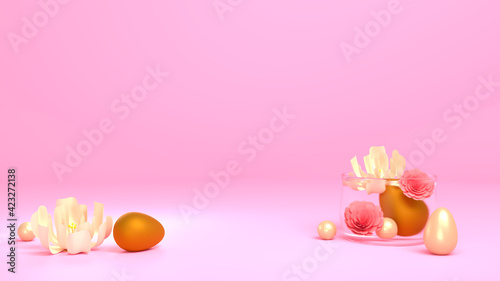 Easter poster. Composition of a flowers, easter eggs, a combination of gold, pearls. 3D render.