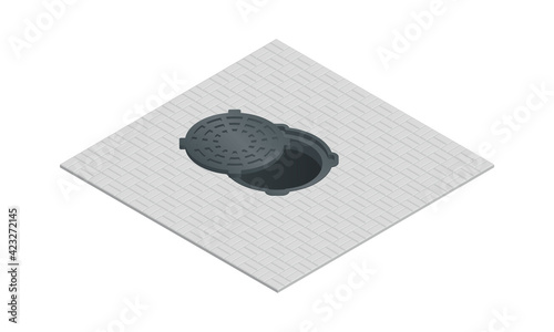 Vector illustration open sewer hatch isolated on white background. Realistic manhole cover icon in flat cartoon style. Well hatch. Open sewer pit with a hatch. Construction material.