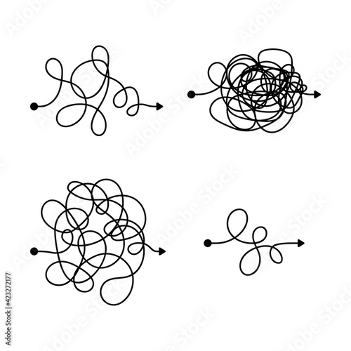 Vector symbol of complicated way with scribbled round element, chaos sign, pass the way linear arrow with clew or tangle ball in center