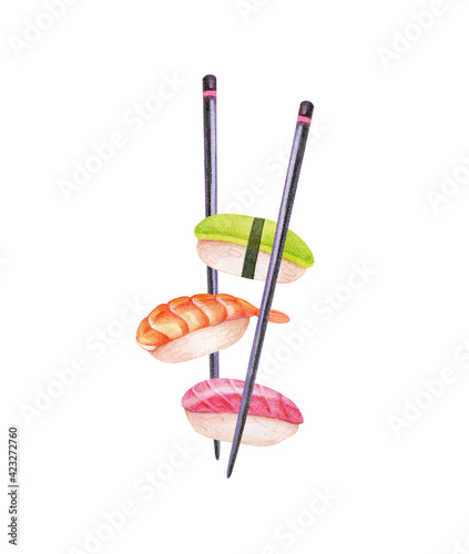Illustration with sushi and chopsticks, drawn with watercolors and pencils and isolated on a white background. Japanese food: nigiri sushi with tuna fish, shrimp and avocado.