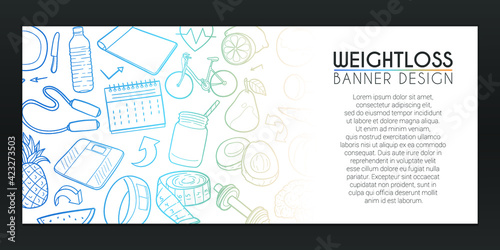 Weightloss Doodle. Diet Background Hand drawn. Activity and Nutrition Icons illustration. Vector Horizontal Design.