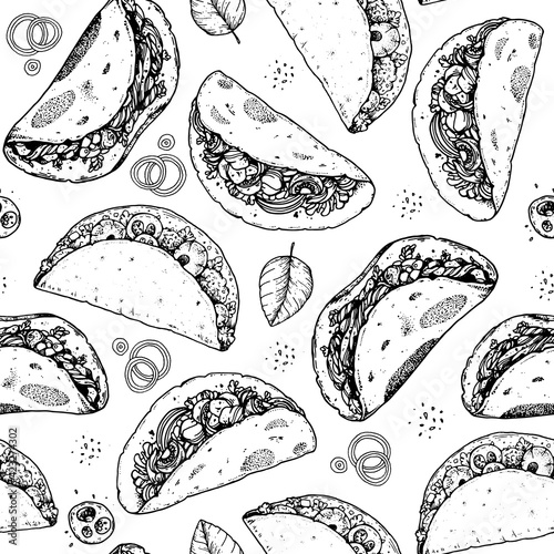 Tacos seamless pattern, hand drawn illustration. Mexican cuisine. Fast food menu design. Tacos hand drawn. Mexican food.