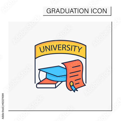 University graduation color icon. Successful training completion. Books and graduate hat. Diploma.Masters degree. Graduation concept.Isolated vector illustration