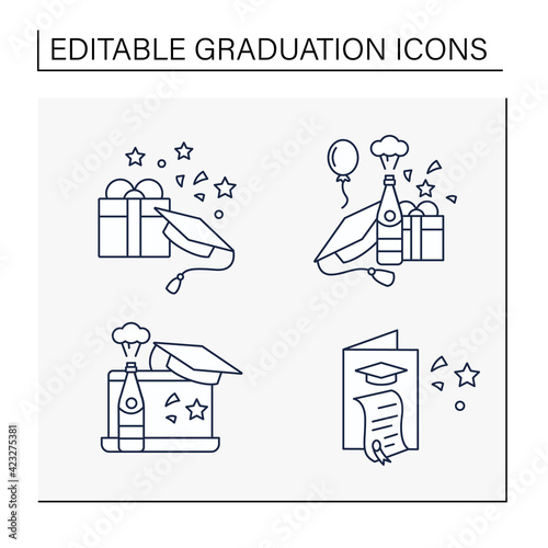 Graduation line icons set. Graduation party, gift, online party, card. Studying concept. Isolated vector illustrations.Editable stroke