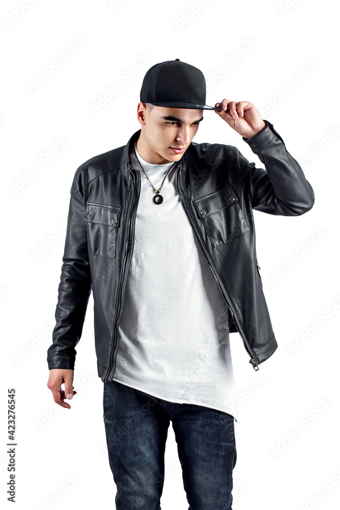 Fashion portrait of young handsome man. Cool rap dj, electro house music, deep house, mens fashion style,black style, leather jacket, rap, cat, b-boy, freestyler, singer, talented rap singer