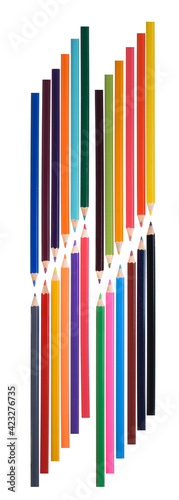 4 Row of 24 colored pencils in front of white background, color concept