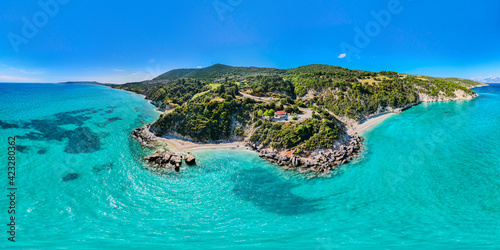 Panoramic view of the house on the rock above turquoise waters of Xigia sulfur beaches, Zakynthos, Greece 