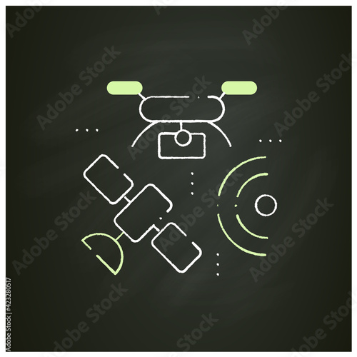 Drones photography chalk icon. Provide in-depth and varied data for their clients. Used for classification,mapping of vegetation. Isolated vector illustration on chalkboard