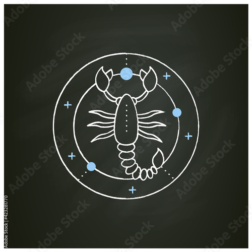 Scorpio chalk icon. Eight fire sign in zodiac. Scorpion birth symbol. Mystic horoscope sign. Astrological science concept. Isolated vector illustration on chalboard